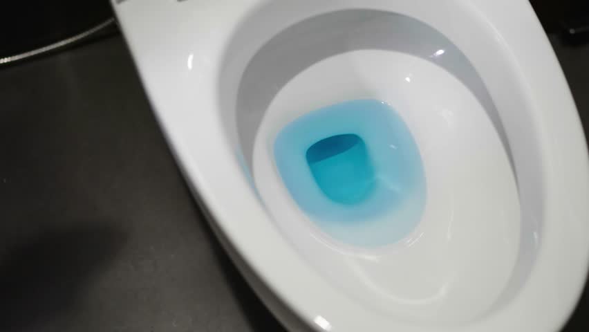 Toilet With Blue Water In The Bowl Flushing Stock Footage Video