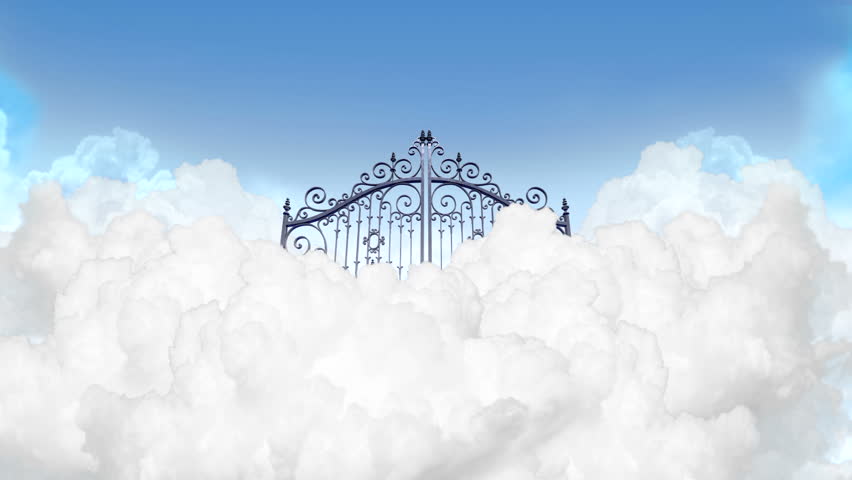 A Slow Zoom Depiction Of The Gates To Heaven In The Clouds Shut Under A