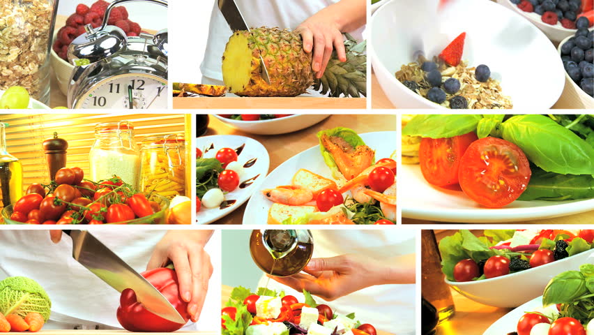 Montage Collection Of Fresh Tasty Food Choices For A Modern Healthy Lifestyle Stock Footage 