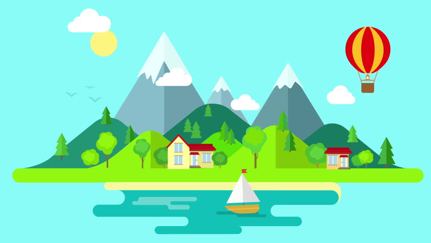 Travel Mountains Island Landscape And Sailing Animated Intro Flat Style ...