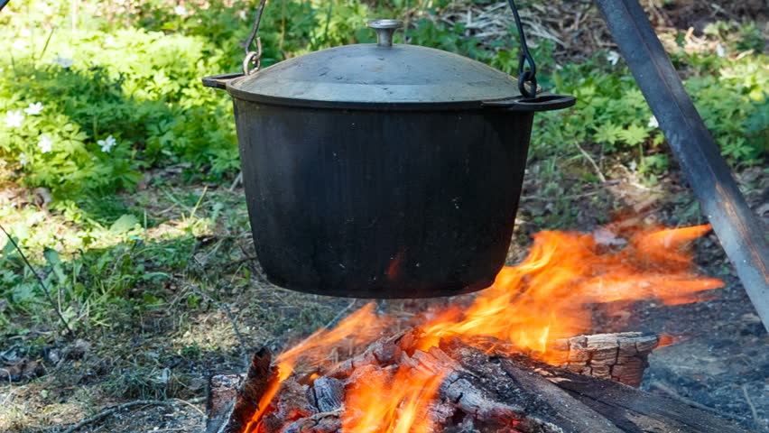 Traditional Cooking - Metal Pot Heated On Burning Firewood At Open Fire ...