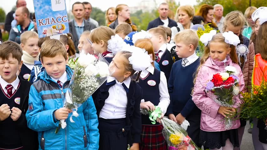 Novosibirsk, Russia September 1, 2015. School Line Is In Schoolyard ...