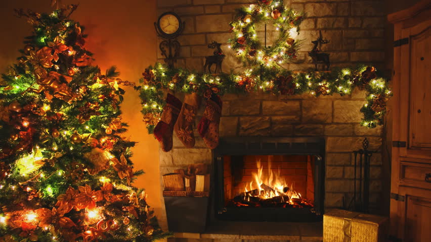 Christmas Room. Christmas Tree By The Fireplace Stock Footage Video