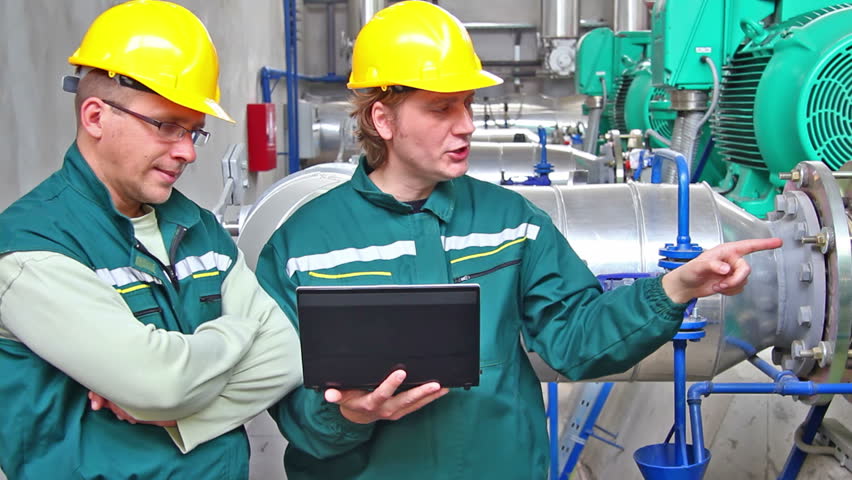 Industrial Workers With Notebook Working In Power Plant, Happy And ...