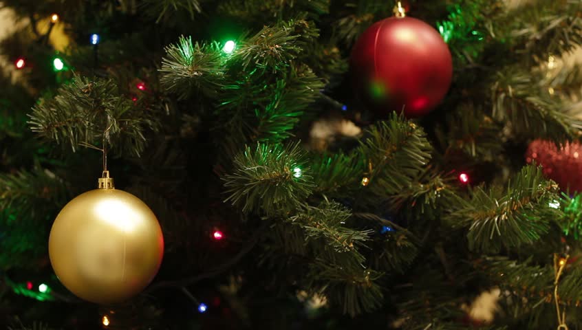 Red Ball Close Up Hanging On The Christmas Tree, Christmas Song 2017 On ...