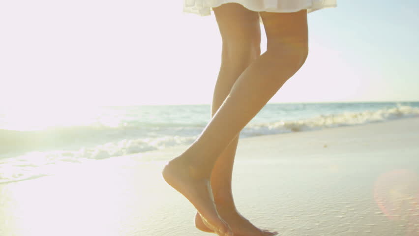 Bare Legs Feet Young Latin American Girl Walking By Ocean Shallows Sun ...