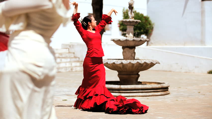 Beautiful Lady Dancing Traditional Spanish Flamenco In Town Square ...